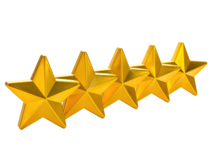 Golden five-star rating icons. Displaying excellent quality on an isolated black background