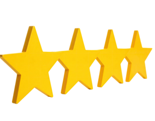 Four bright yellow, three-dimensional stars arranged in a row on a transparent background