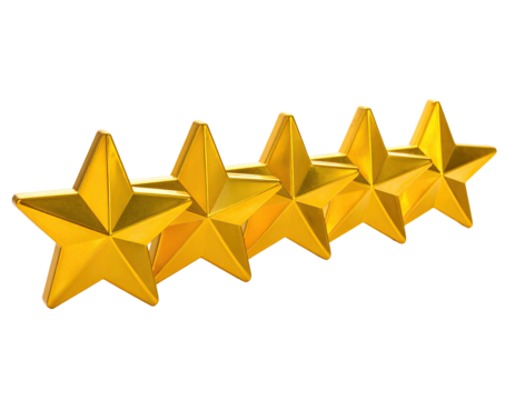 Golden five-star rating icons. Displaying excellent quality on an isolated black background