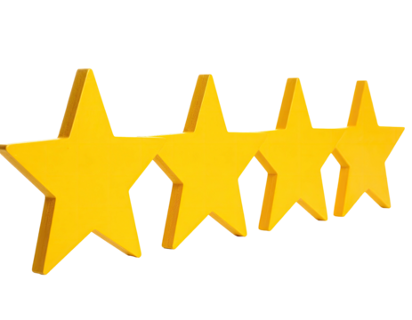 Four bright yellow, three-dimensional stars arranged in a row on a transparent background