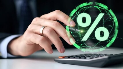 Businessman Calculating Interest Rates with Digital Percentage Symbol Overlay, Financial Analysis and Investment Planning Concept - Powered by Adobe
