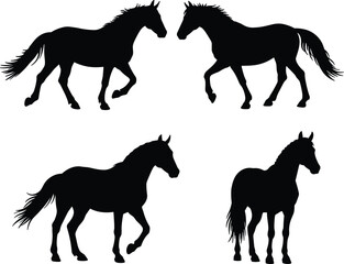 Black horse silhouettes, walking and trotting poses, elegant equine outlines, animal movement design, vector illustration, wild mustang art, decorative graphic
