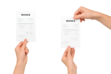 Minimalist photo of a hand holding a white invoice paper, isolated on transparent background for business and document theme.

