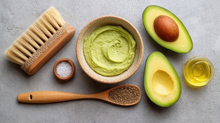 DIY avocado face mask in ceramic bowl with fresh ingredients and brush, natural spa setup