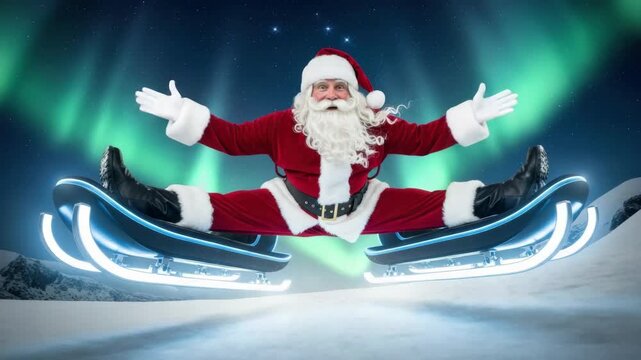 Santa's snowy hoverboard adventure with northern lights in the sky. 4k Video footage