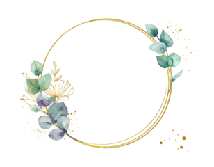 A golden circular frame, adorned with watercolor greenery and delicate gold accents