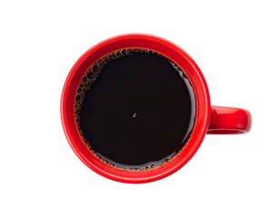 Overhead shot of a red ceramic mug brimming with steaming dark coffee on black background