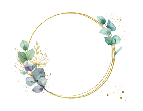 A golden circular frame, adorned with watercolor greenery and delicate gold accents