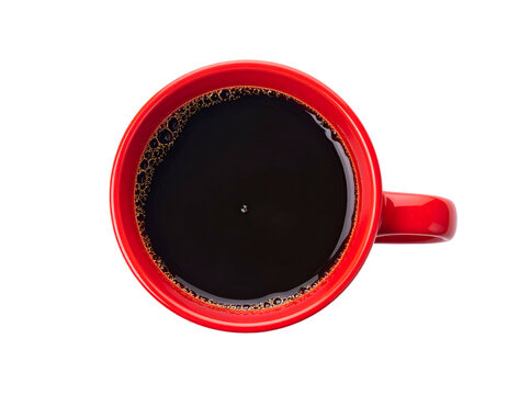 Overhead shot of a red ceramic mug brimming with steaming dark coffee on black background