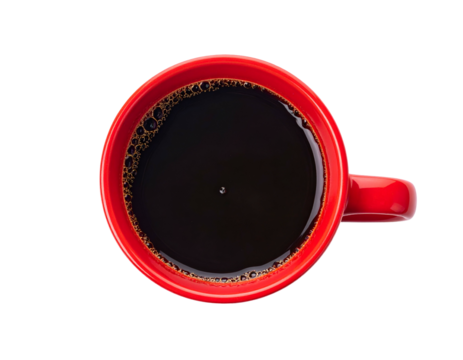 Overhead shot of a red ceramic mug brimming with steaming dark coffee on black background