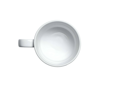 Overhead shot reveals pristine white ceramic mug resting against a pure black backdrop