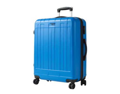 A vibrant, upright blue suitcase featuring a telescoping handle and rolling wheels