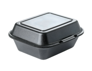 Isolated, black, rectangular takeout container, top lid slightly reflective