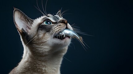 Close-Up of Cat Holding Fish with Intense Expression and Focus