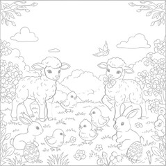Obraz premium Cute Easter Animals Coloring Page Outline Vector Lambs, Chicks, and Bunnies in a Spring Meadow with Eggs and Flowers