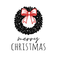 Merry Christmas Wreath with Red Bow &ndash; Hand Drawn Holiday Illustration