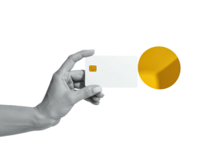 Hand holding a blank credit card with a golden geometric shape
