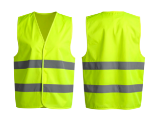Front and back view of a fluorescent yellow safety vest with reflective horizontal stripes