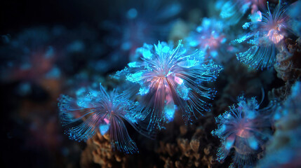 macro shot, a bioluminescent coral reef of ideas, the coral polyps are tiny pixels and glitching data streams, words and prompts flow like schools of neon fish