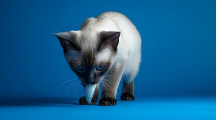 Siamese Cat on Blue Background with Toy in Its Mouth