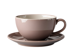 A stylish ceramic teacup and saucer set in a warm, glossy dusty rose or mauve tone. Excellent for romantic coffee shop themes, e-commerce, or beverage mockups.