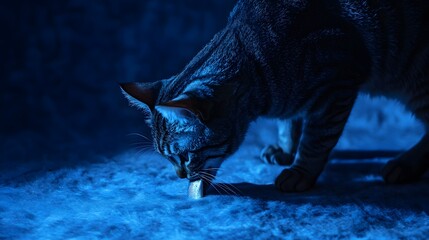 Cat Exploring in Blue Light on Soft Surface in Dark Environment