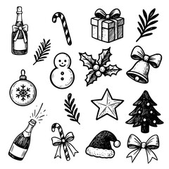 A collection of hand-drawn Christmas and New Year doodles in elegant black sketch style.  Perfect for holiday cards, social media templates, stickers, packaging design, invitations, digital scrapbooki