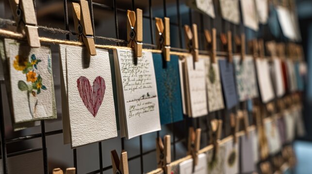 DIY greeting cards drying on a rack, made with ink, paper cutouts, and personal messages