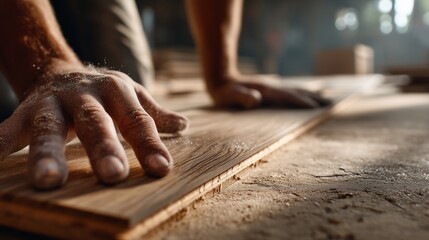 Hands Fitting Hardwood Flooring Plank &mdash; Installation Close-Up