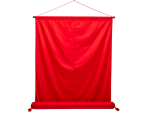 A draped scarlet fabric, suspended from a rod with a triangular hanger, fully rolled bottom