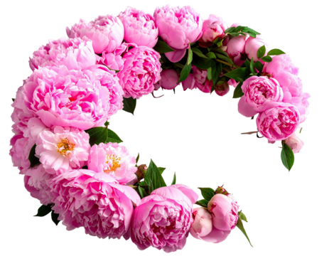 Close-up of vibrant pink flowers forming a crescent shape, with green leaves - Powered by Adobe