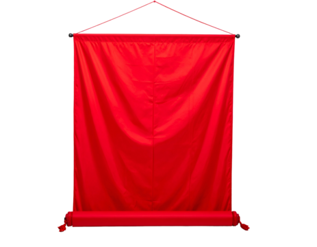 A draped scarlet fabric, suspended from a rod with a triangular hanger, fully rolled bottom