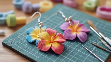 DIY handmade earrings made with colorful polymer clay on craft mat with sculpting tools