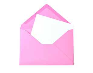 A close-up image of an opened pink envelope with a white card inside on black background