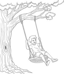 Happy Boy Swinging on a Tree Swing Line Art Illustration Kids Outdoor Activity Black and White Coloring Page Vector