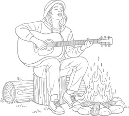 Young person playing acoustic guitar and singing by the campfire outline vector illustration