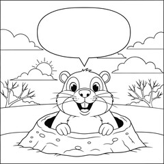 Happy Groundhog Emerging from Burrow with Speech Bubble Black and White Coloring Page Line Art Illustration