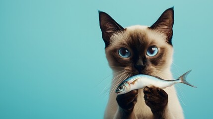 Cute Cat Holding Fish with Blue Background for Pet Lovers and Foodies