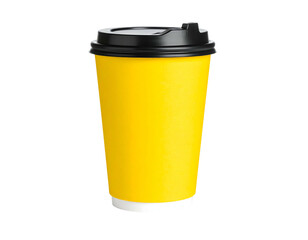 A vibrant yellow disposable coffee cup with a black lid against a stark black background