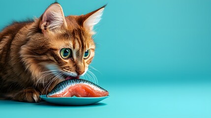 Cat with Beautiful Eyes Gazing at Fresh Salmon on Blue Background
