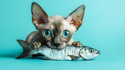 Cat with big eyes holding fish on a blue background