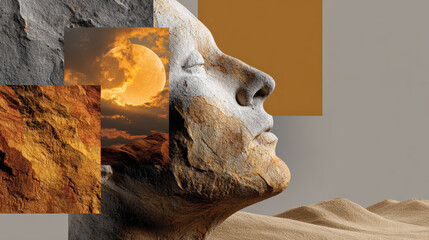 Stony face contemplates desert landscape, evoking sense of introspection and solitude amid textures of stone and abstract desert environment
