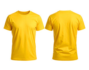 Front and back view of a plain yellow crew neck T-shirt isolated on a black background
