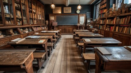 Early 20th-century classroom with wooden benches, dusty chalkboard, old bookshelves, and an academic vintage vibe