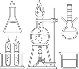 Line Art Chemistry Equipment Set Vector Flasks Test Tubes and Beaker with Heated Reaction Experiment Outline Icons