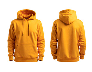 Front and back view of a golden-yellow hoodie with a kangaroo pocket, isolated on black