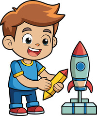 Cartoon Boy Holding Pencil with Toy Rocket – Creative Play