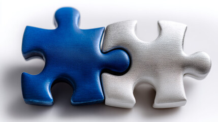 Obraz premium Two puzzle pieces, one blue and one white, are connected with care, showing feelings of unity, partnership, and togetherness in completing project