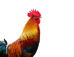 Colorful rooster with vibrant plumage and prominent comb isolated against a black background