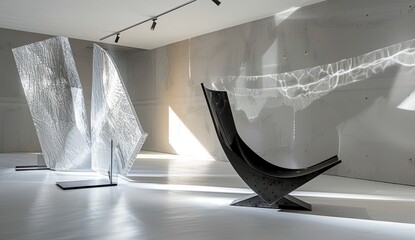 Art exhibit sculptures indoors bathed in sunlight. White walls show light patterns